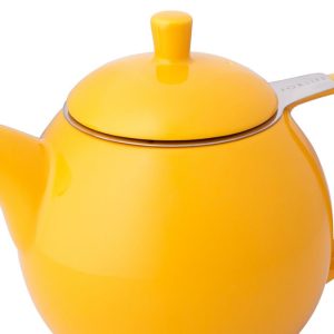 Yellow Forlife infuser teapot with lid and handle on a white background