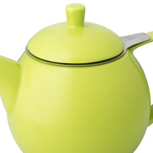 Yellow ceramic teapot with lime green lid and handle