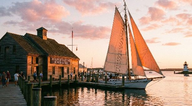 Wooden building with "Mystic Seaport Museum" sign, sailboat docked at sunset.