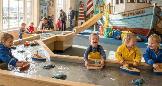 Children playing with toy boats in a water table at the Bay Explorer attraction