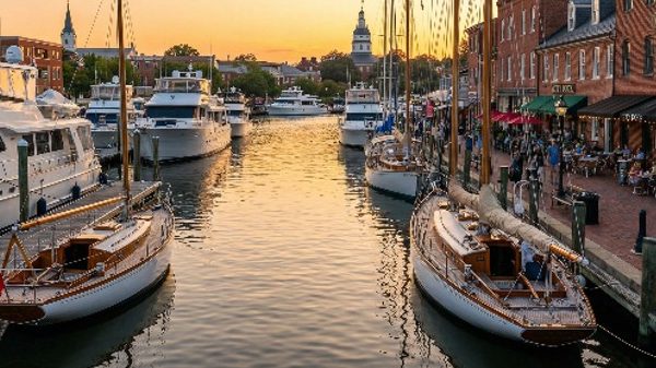 Boats docked in Annapolis harbor at sunset, a nearby attraction.