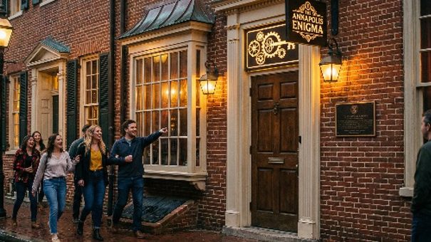 The Annapolis Enigma escape room entrance with a group of friends outside.