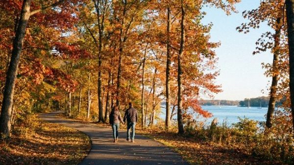 Couple walking on a park path in autumn, near old attractions.