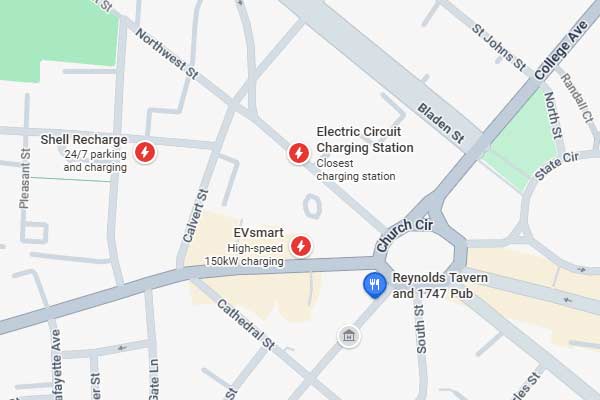 Map showing electric vehicle charging stations and parking in Annapolis, MD.