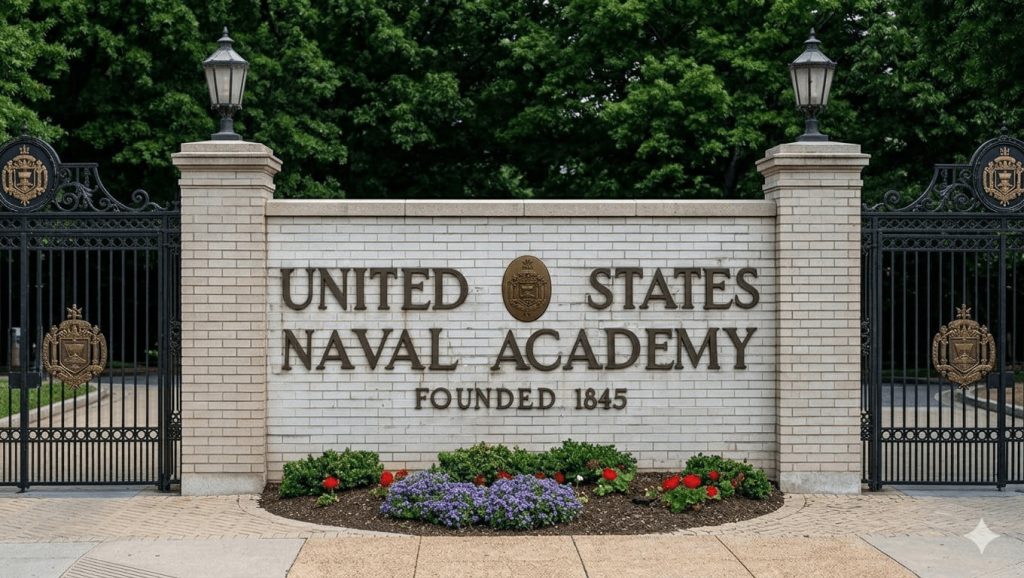 United States Naval Academy entrance sign with ornate gates and landscaping