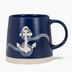 Navy wide base mug with white anchor and rope design
