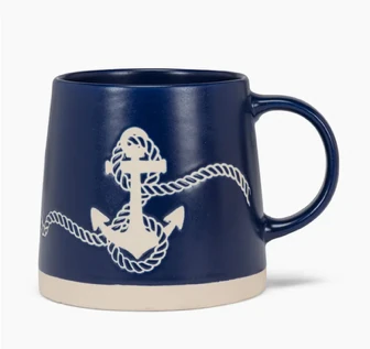 Navy wide base mug with white anchor and rope design