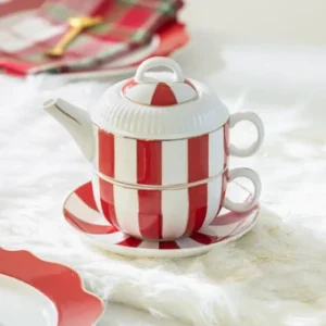 Red and white striped fine porcelain tea for one set with teapot, cup, and saucer.