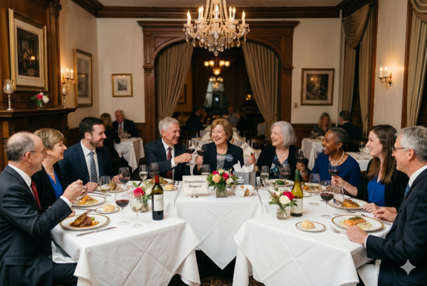 Group of people celebrating at a formal dinner with wine and flowers
