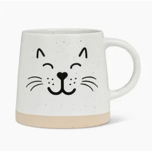 White cat face mug with wide beige base and black speckled finish.