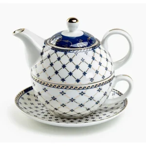 Trellis Blue-Gold fine porcelain tea set for one, featuring a teapot, cup, and saucer.