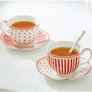 Red Josephine fine porcelain cups and saucers with stripes and dots