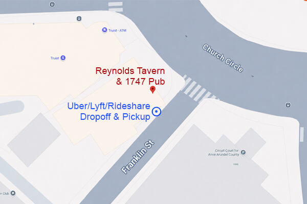 Map showing Reynolds Tavern & 1747 Pub, Uber/Lyft pickup, and Church Circle