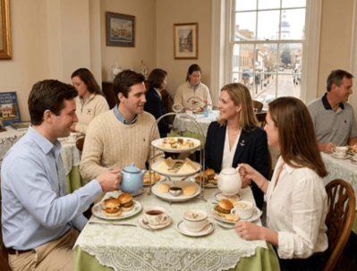 Group of people sitting at a table in a restaurant, enjoying food and tea