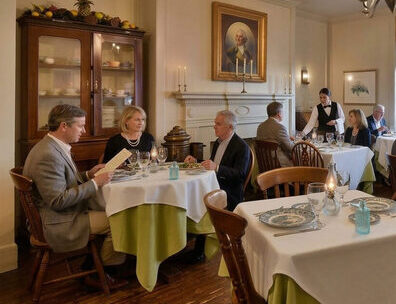 Diners enjoying a meal at Reynolds Tavern, with a waiter serving.